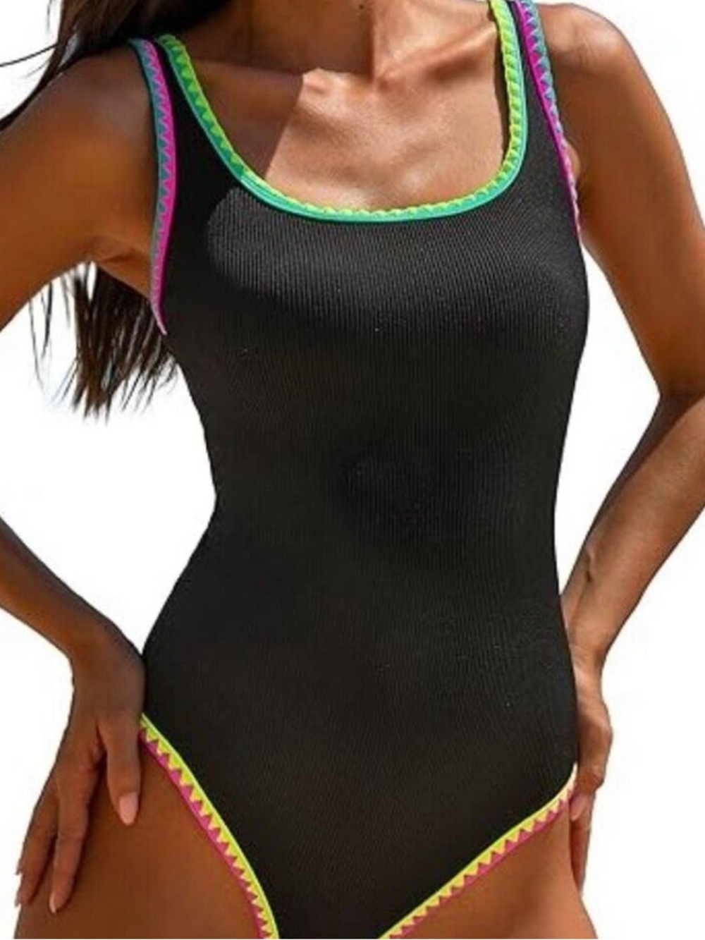 Popvil Black ribbed One-Piece Swimsuit with multicolored Neon Trim size med NWT